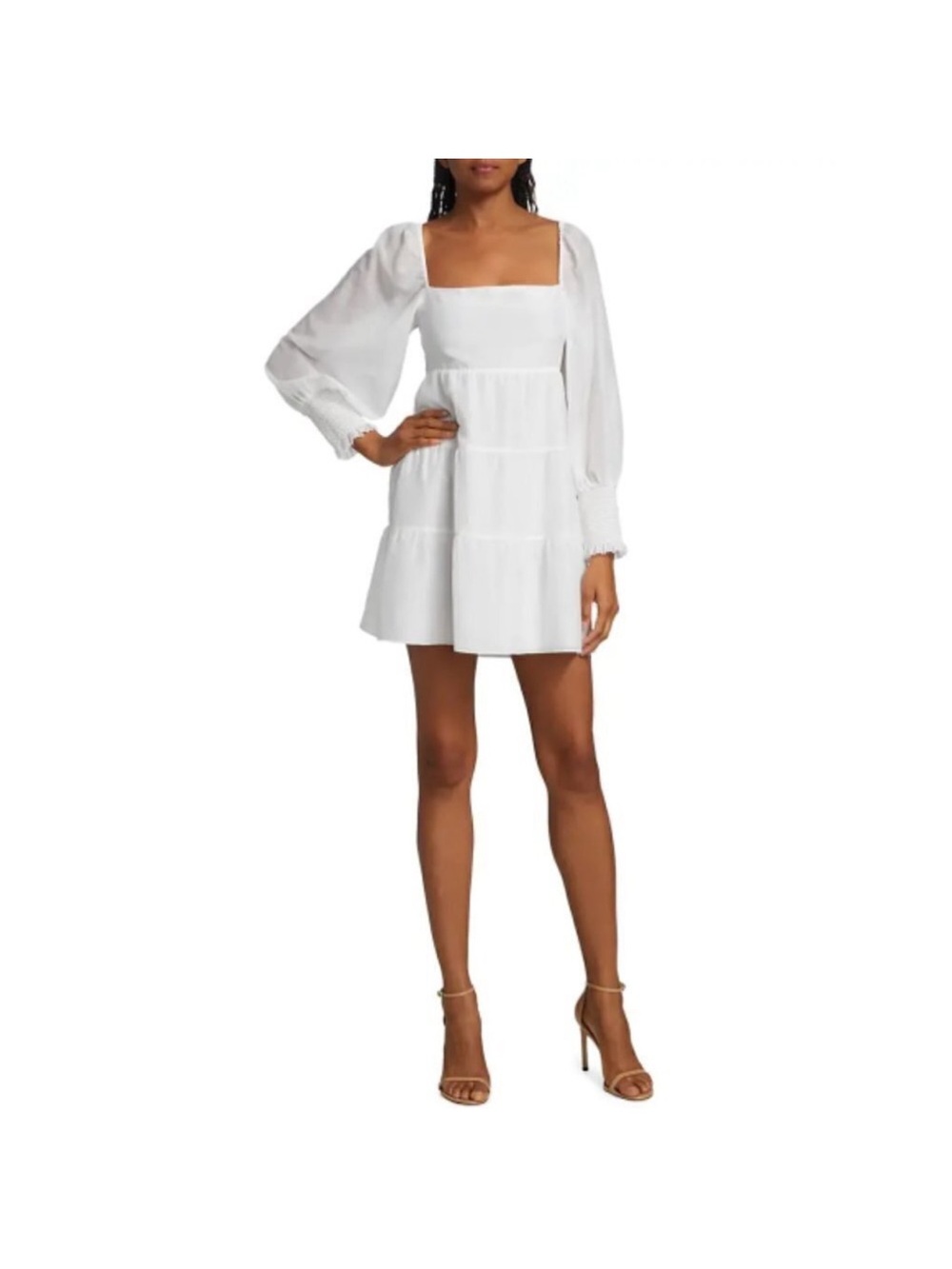 Alice + Olivia White Square-Neck Tiered Mini Dress with Puff Sleeves
